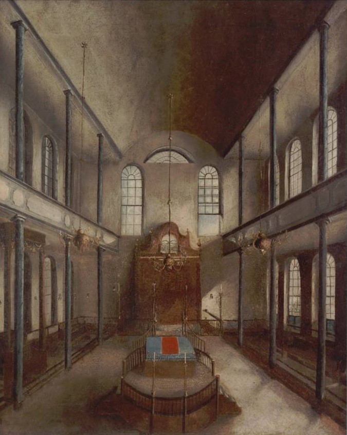 Kahal Kadosh Beth Elohim, interior of the 1794 building, Charleston, South Carolina. Solomon Nunes Carvalho, oil on canvas, 1838. Collection of KKBE.